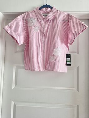 Karl Lagerfeld Pink and White Striped Button-Down Shirt with Floral Appliqué